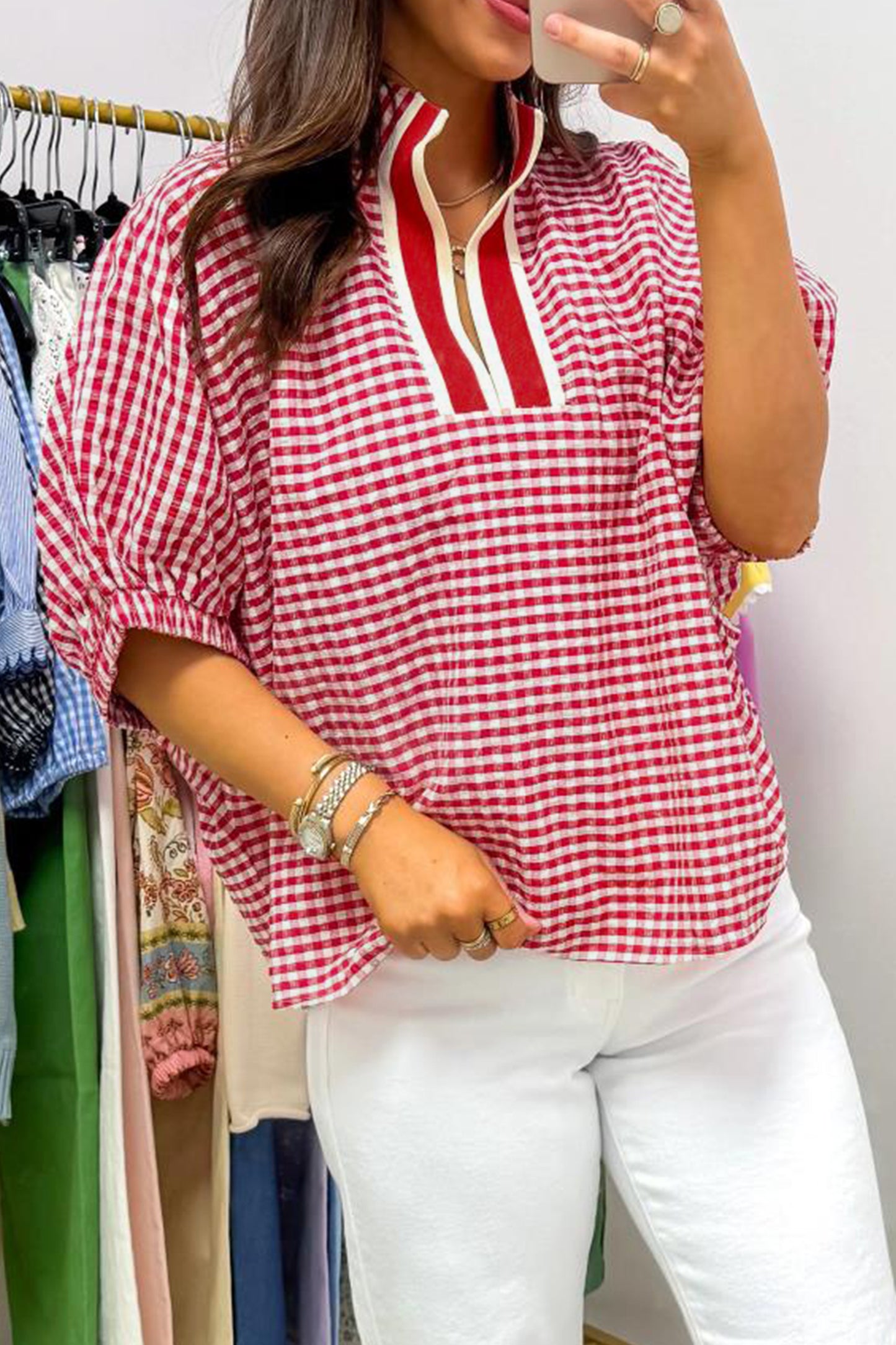Plaid Short Sleeve Colorblock Blouse Women S–XL