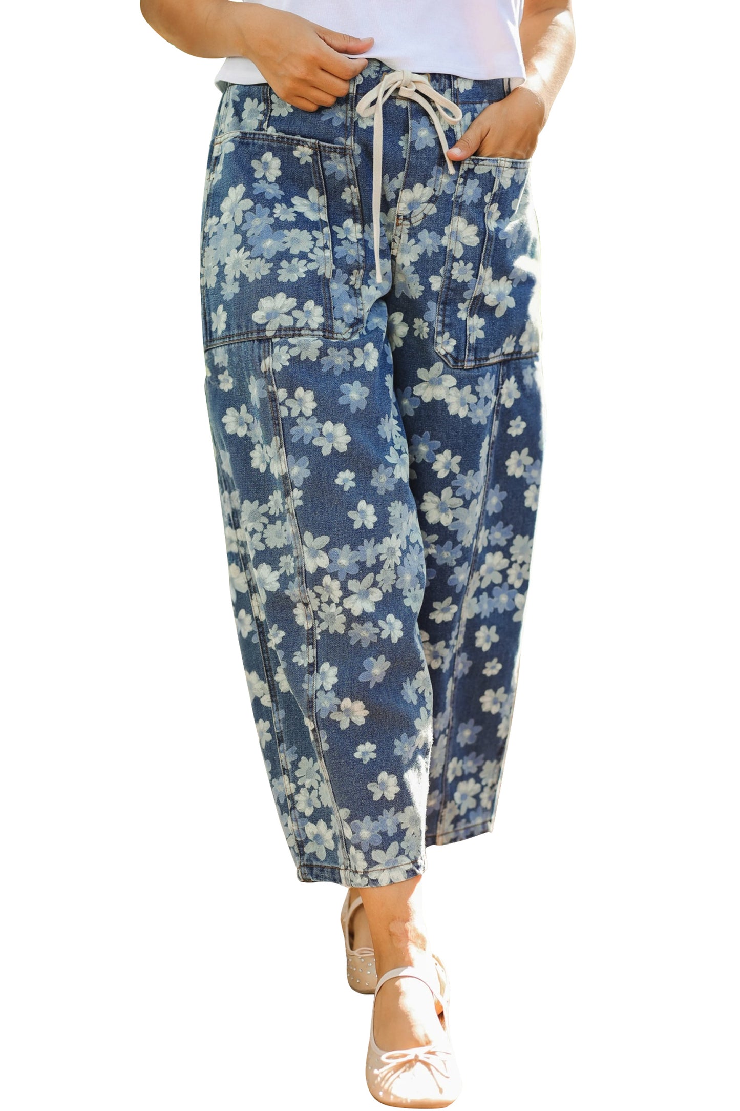 Denim Blue Floral Print Cropped Barrel Jeans | Women Size 4–16