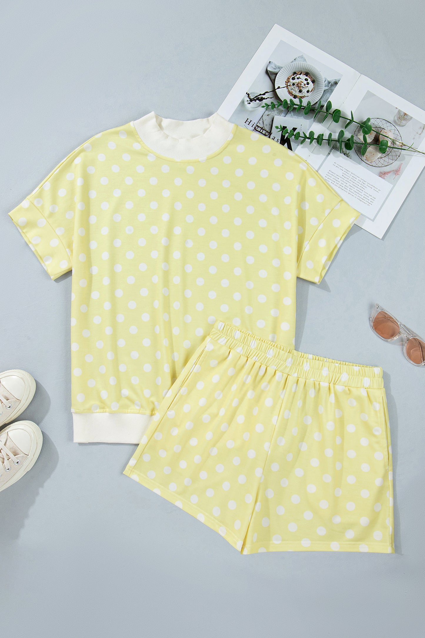 Polka Dot Mock Neck Two-Piece Short Set Women S–XL