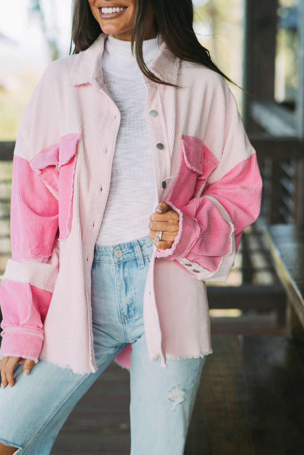 Two-Tone Pink Exposed Seam Corduroy Shacket