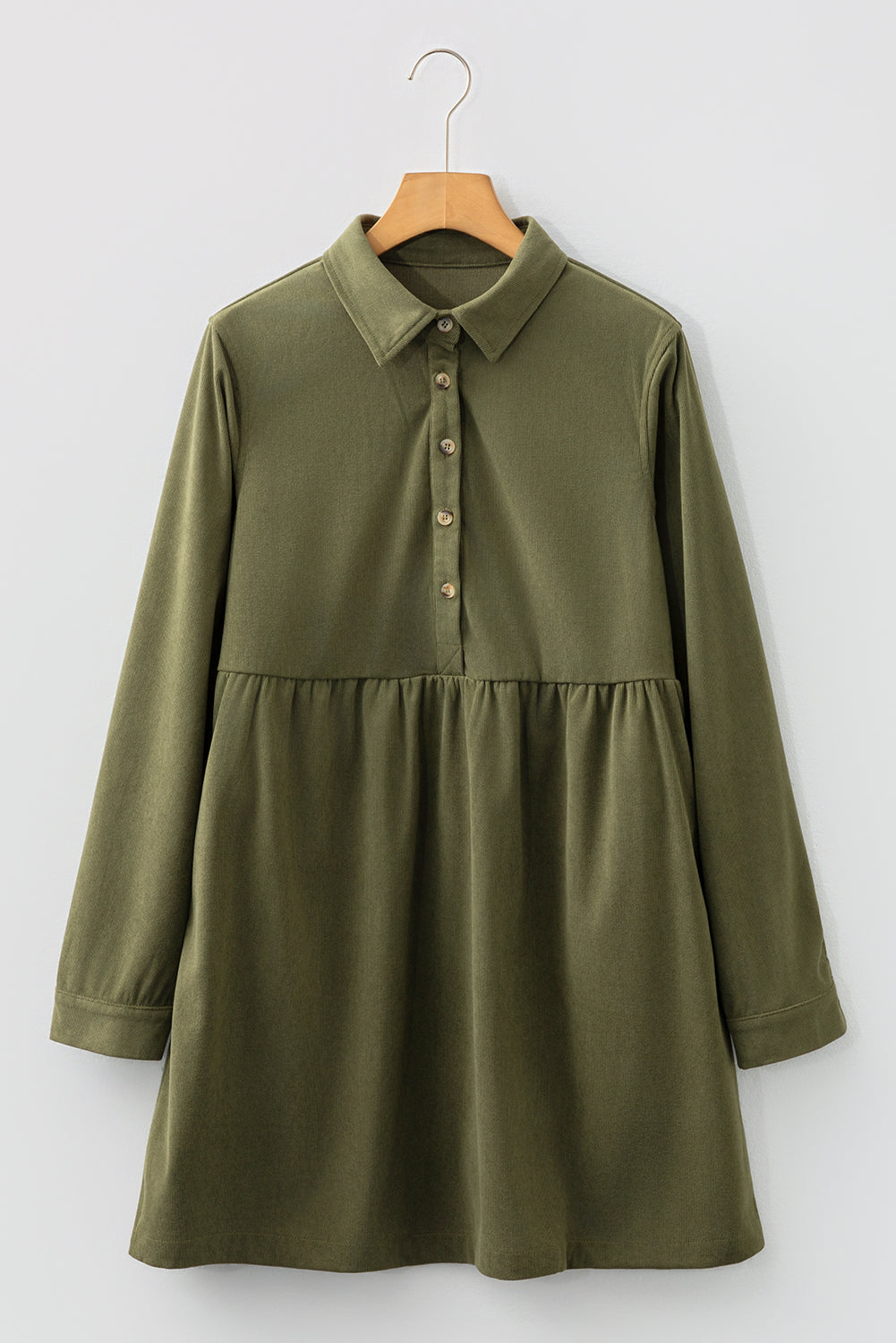 Corduroy Half Button Collared Mini Dress in Vineyard Green