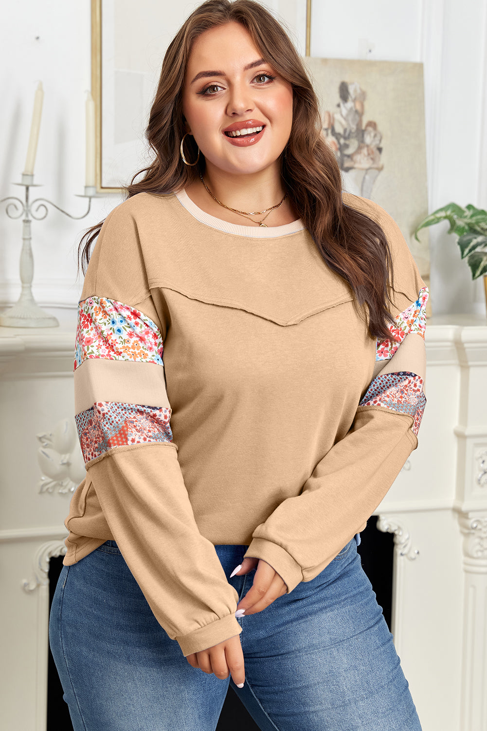Floral Patchwork Exposed Seam Relaxed Sweatshirt | Plus Size | Khaki | 1X–4X