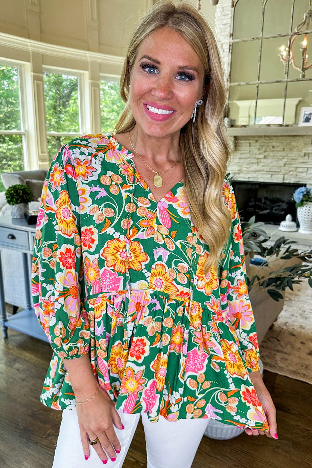Floral Puff Sleeve V-Neck Peplum Blouse – Green Women S–XL