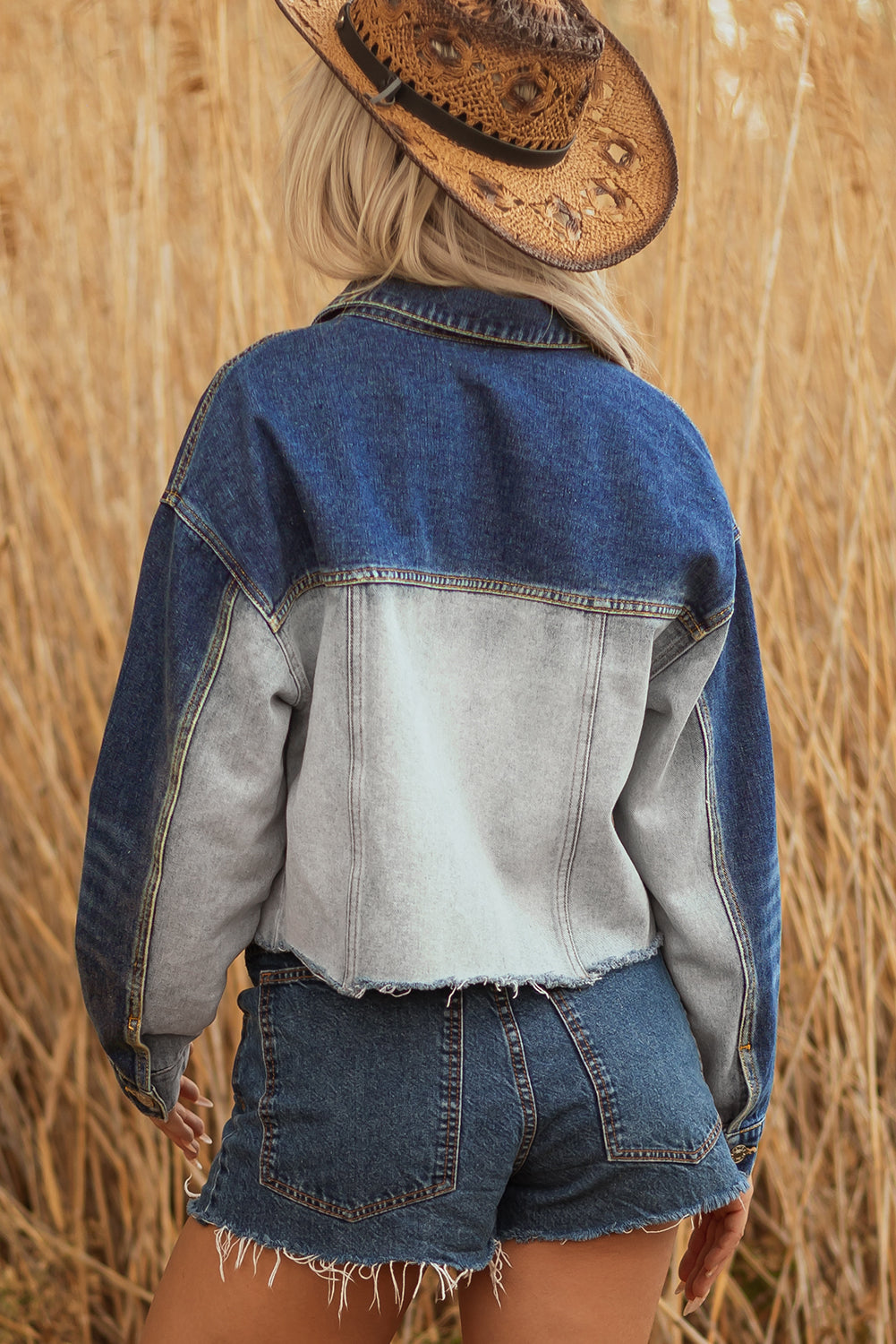 Dusk Blue Color Block Patchwork Flap Detail Distressed Cropped Denim Jacket