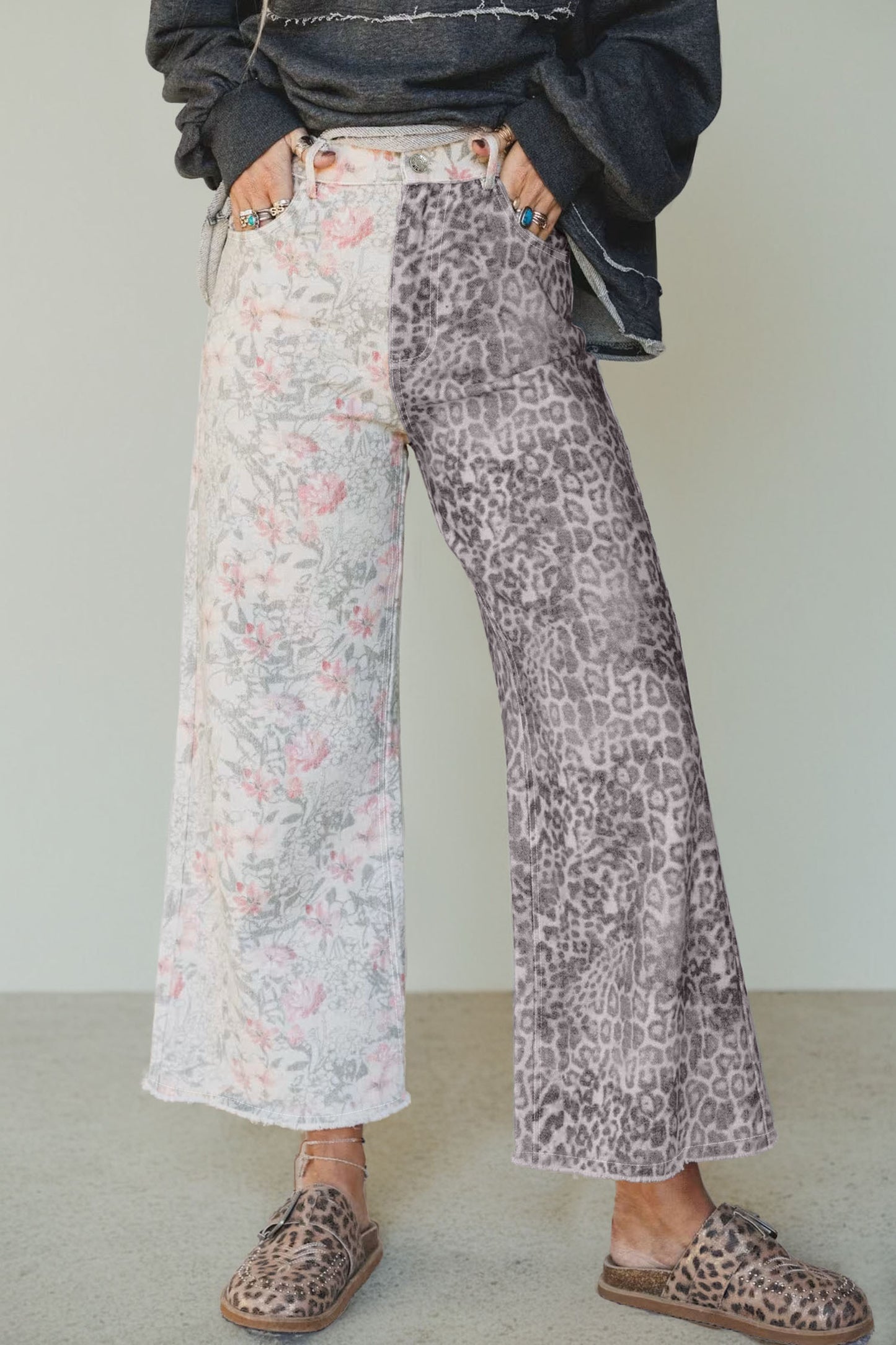 Cropped Wide Leg Jeans Retro Floral Leopard Patchwork Raw Hem Women Size 4–16
