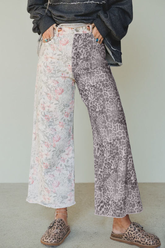 Cropped Wide Leg Jeans Retro Floral Leopard Patchwork Raw Hem Women Size 4–16