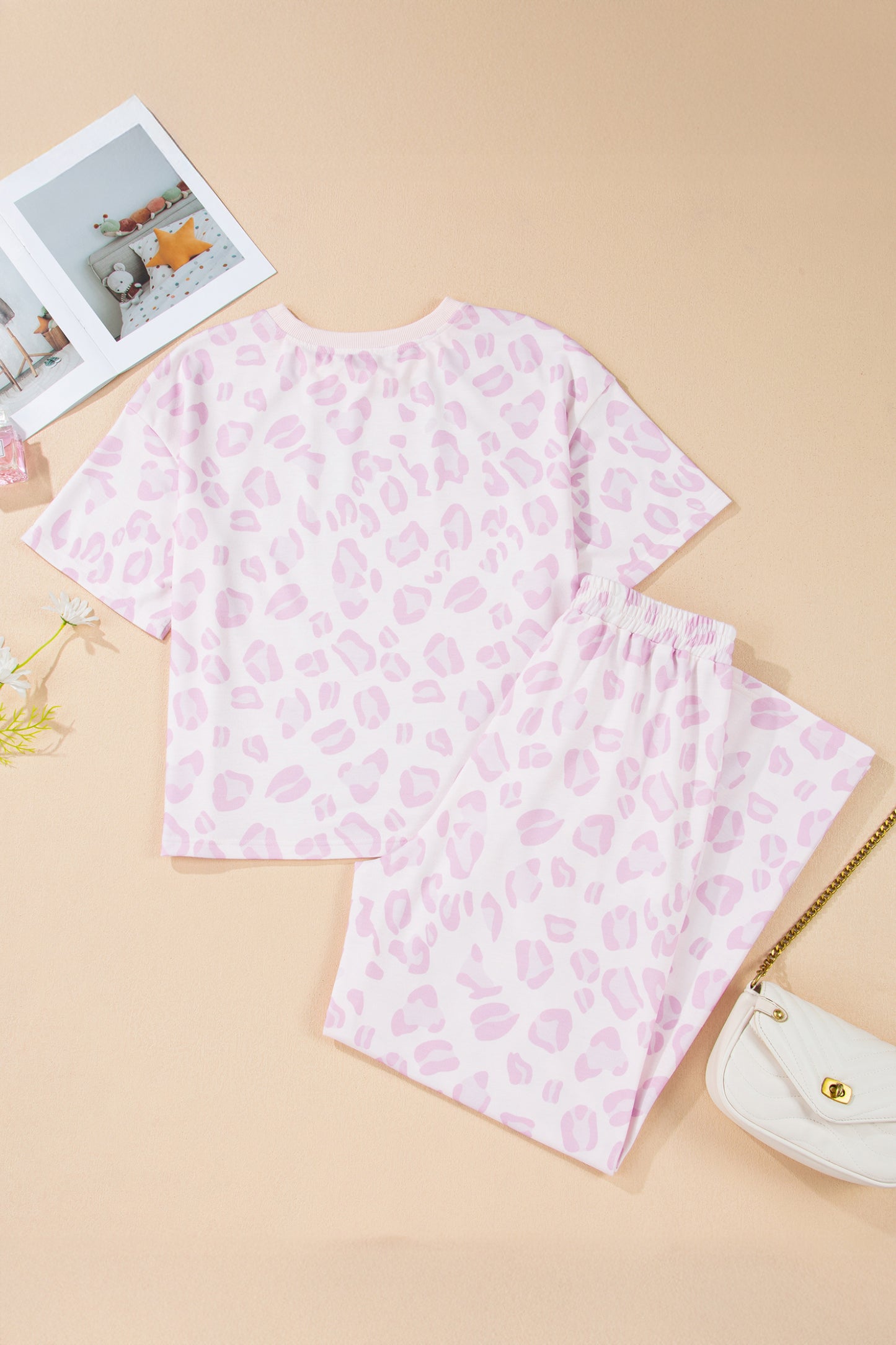 Pink Leopard Print Short Sleeve Top & Pants Two-Piece Set | S–XL