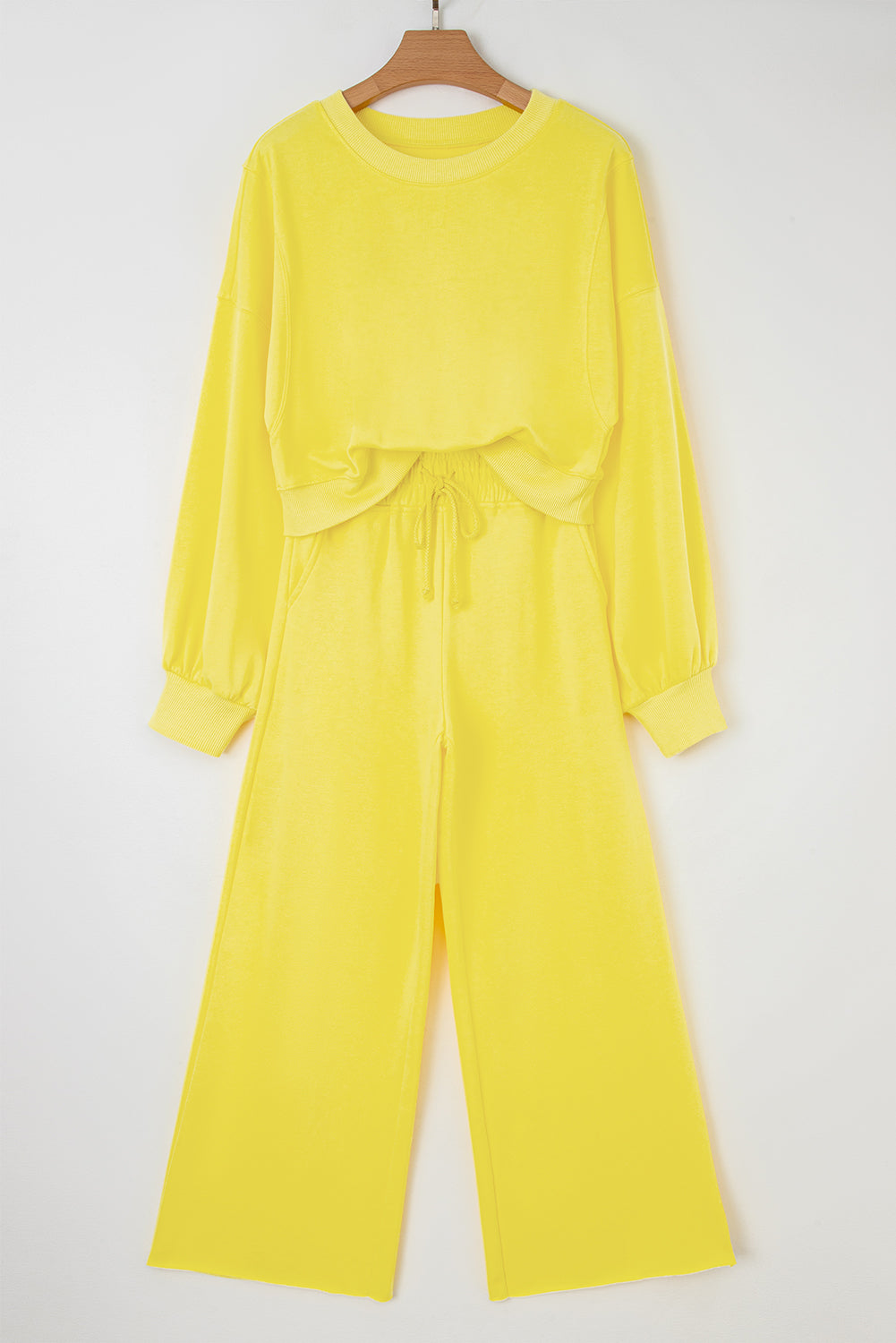 Drop Shoulder Puff Sleeve Crop Pullover & Wide Leg Pants Set