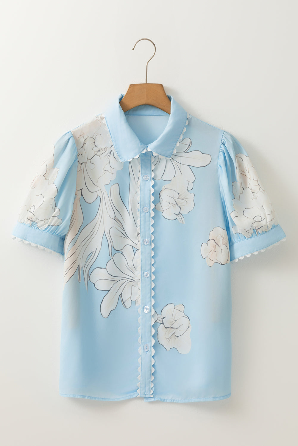Green Floral Ric Rac Edge Puff Sleeve Button Up Summer Shirt