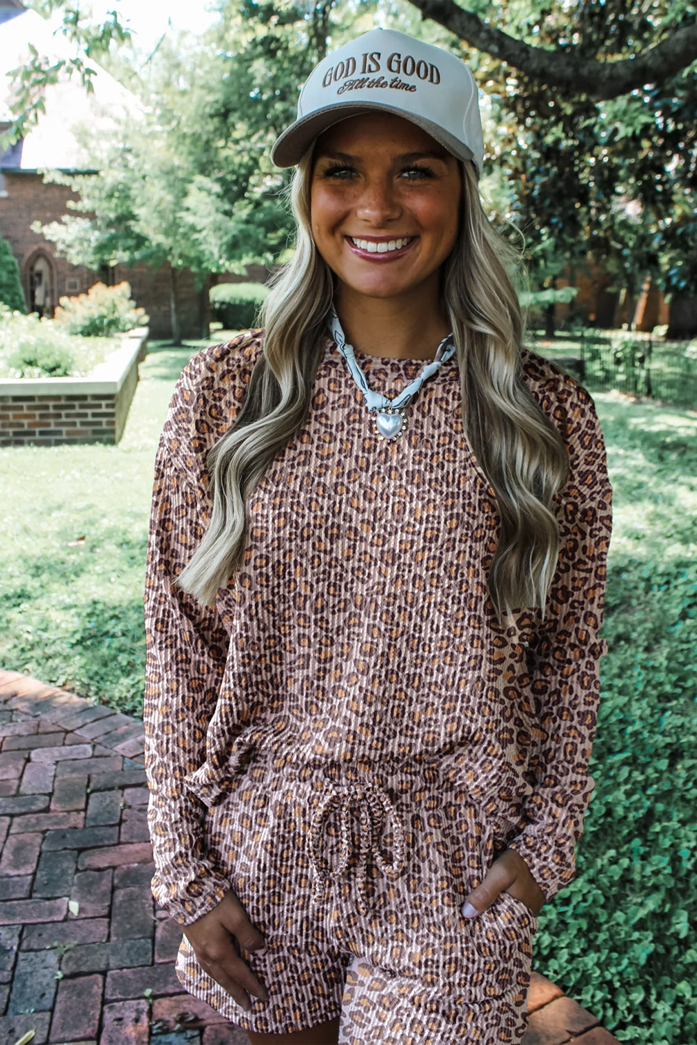 Khaki Leopard Ribbed Long Sleeve Top Drawstring Shorts Set