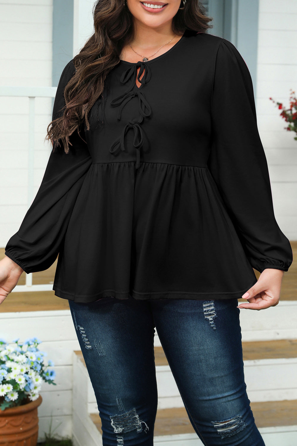 Women's Plus Size Black Bow Tie Peplum Blouse L to 4X
