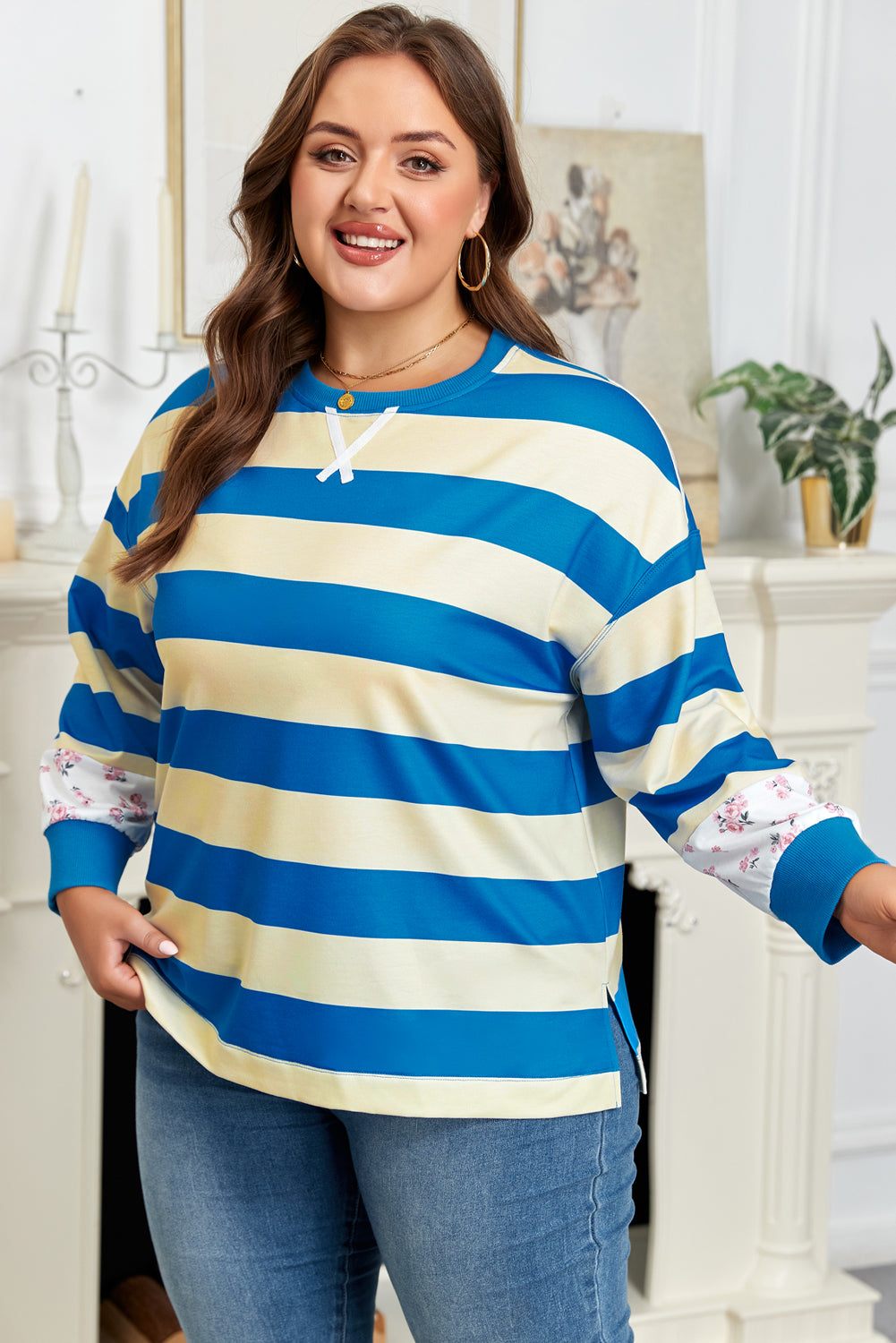 Plus Size Blue Stripe Floral Colour Block Drop Shoulder Pullover Women 1X–4X