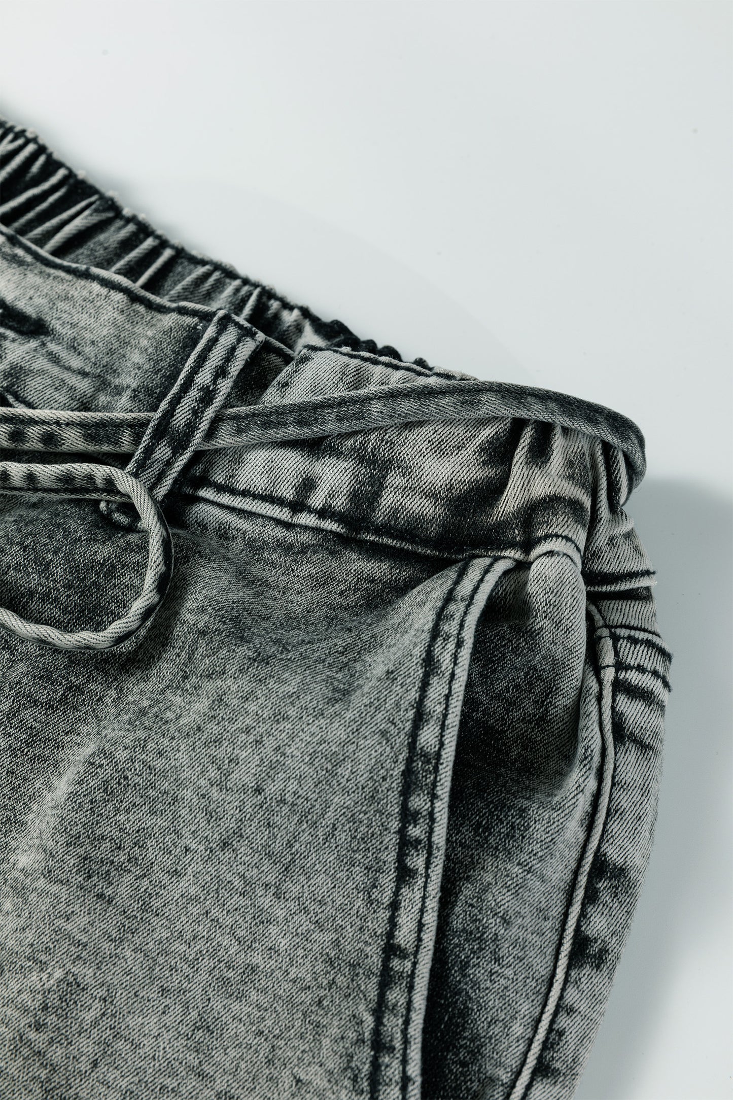 Gray Acid Wash Relaxed Fit Cropped Drawstring Denim Jeans