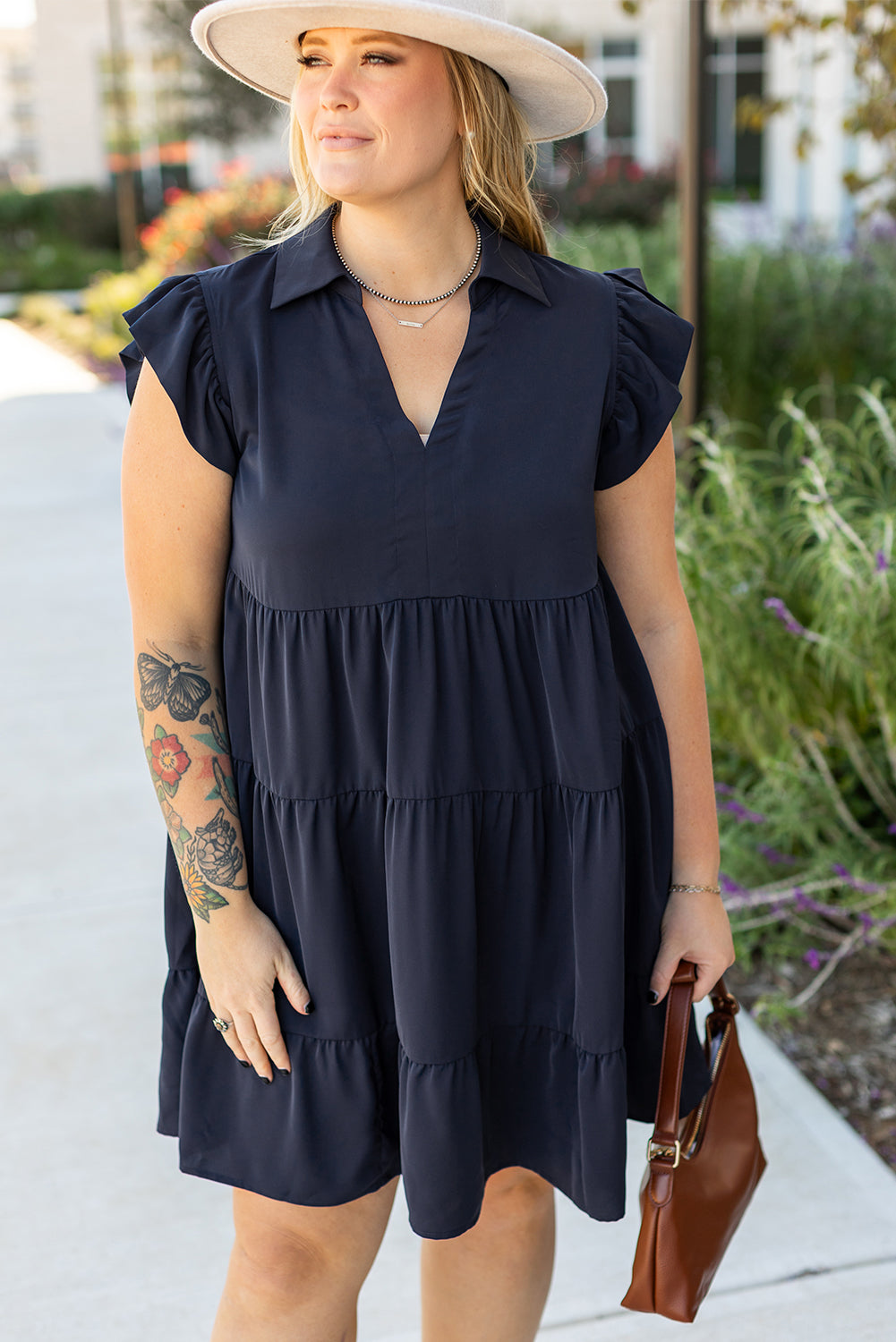 Plus Size Navy Blue Tiered Midi Dress Women 1X–4X