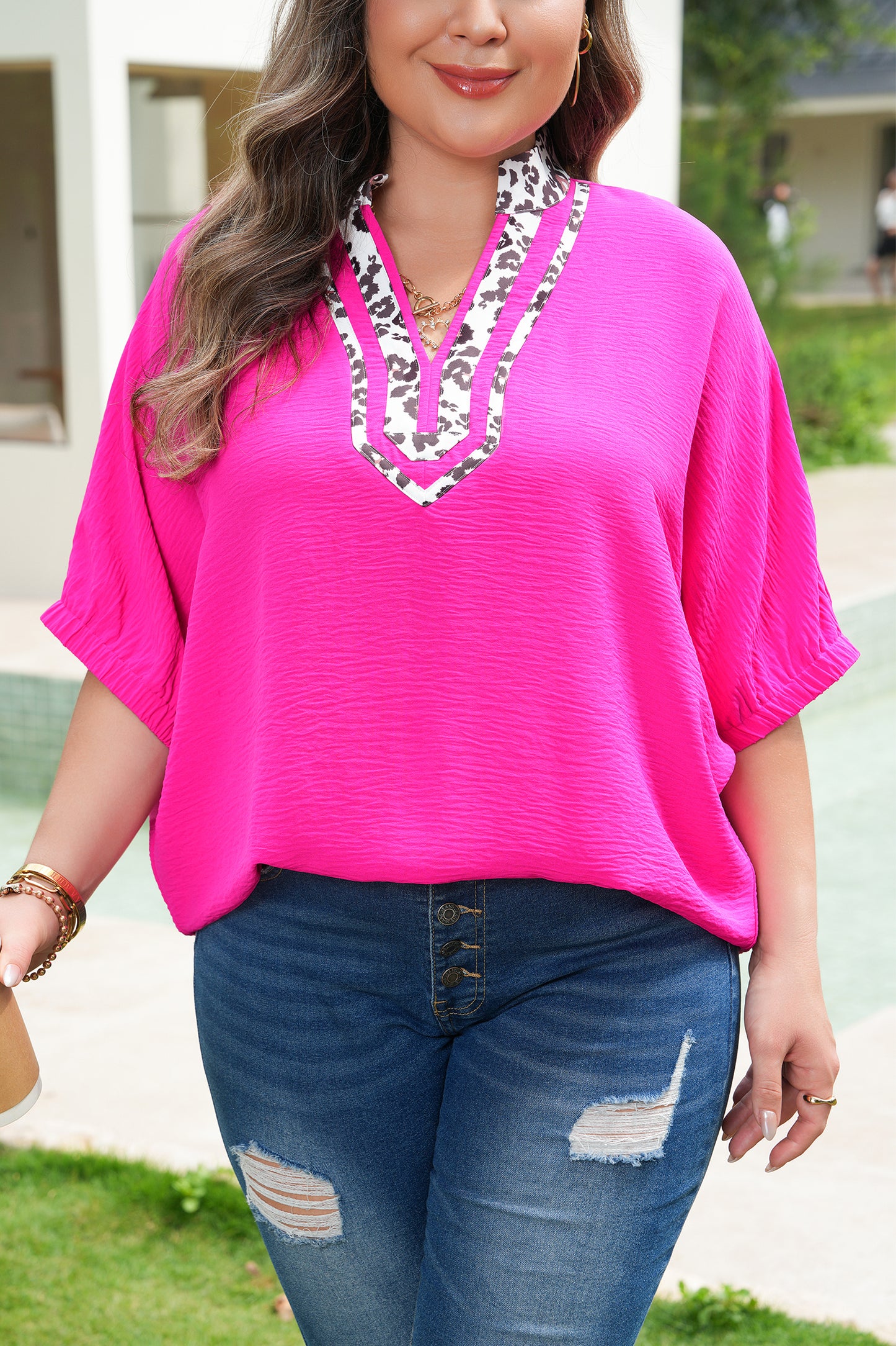 Plus Size Pink Leopard Trim Top Women 1X–4X