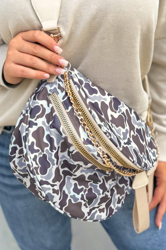 Camouflage Print Gold Chain Strap Double Zipper Crossbody Bag