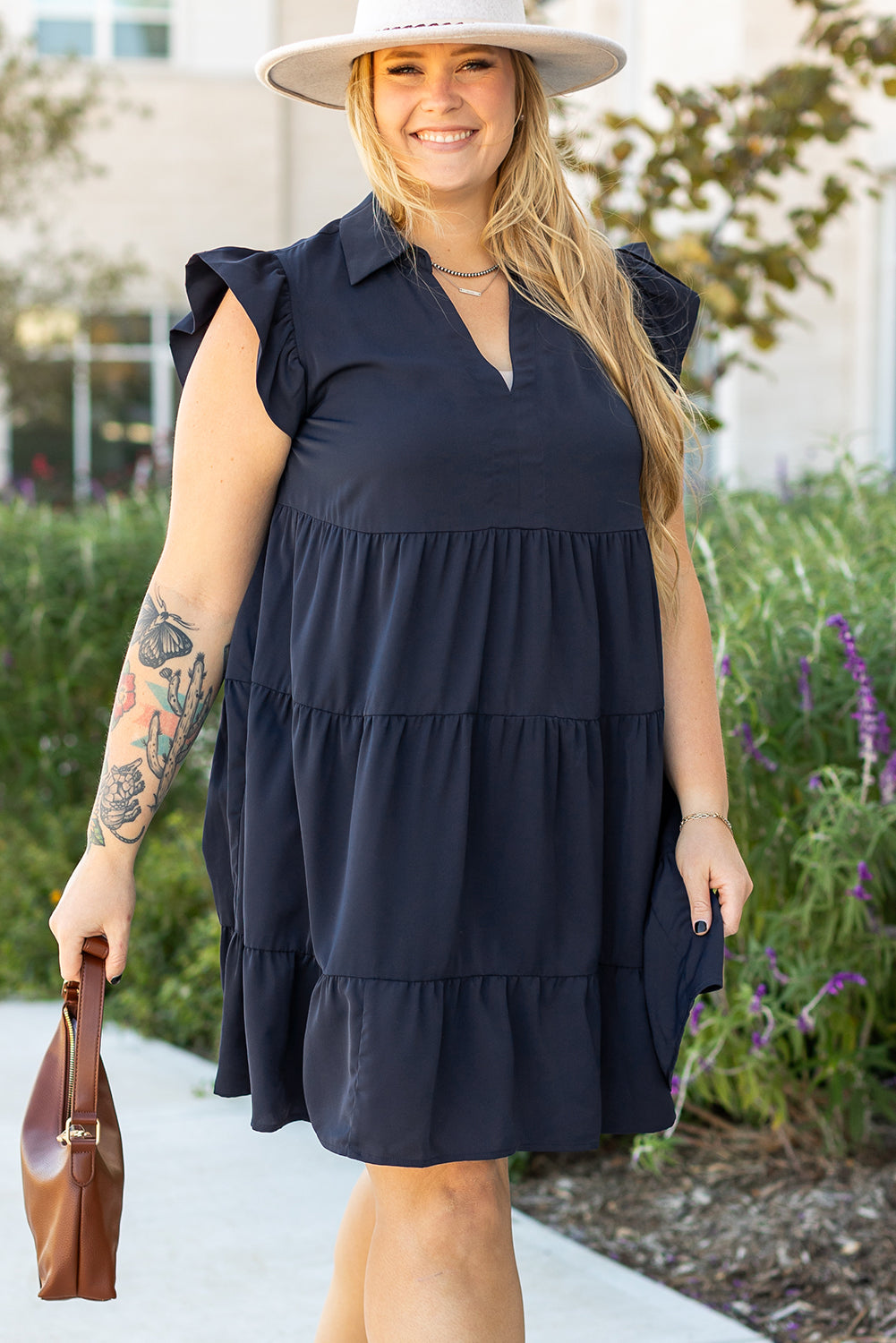 Plus Size Navy Blue Tiered Midi Dress Women 1X–4X