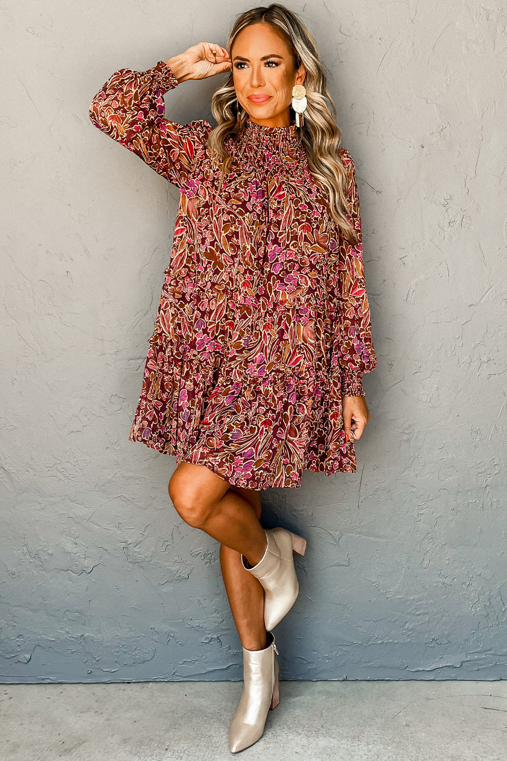 Floral Print Long Sleeve Shirred High Neck Loose Mini Dress