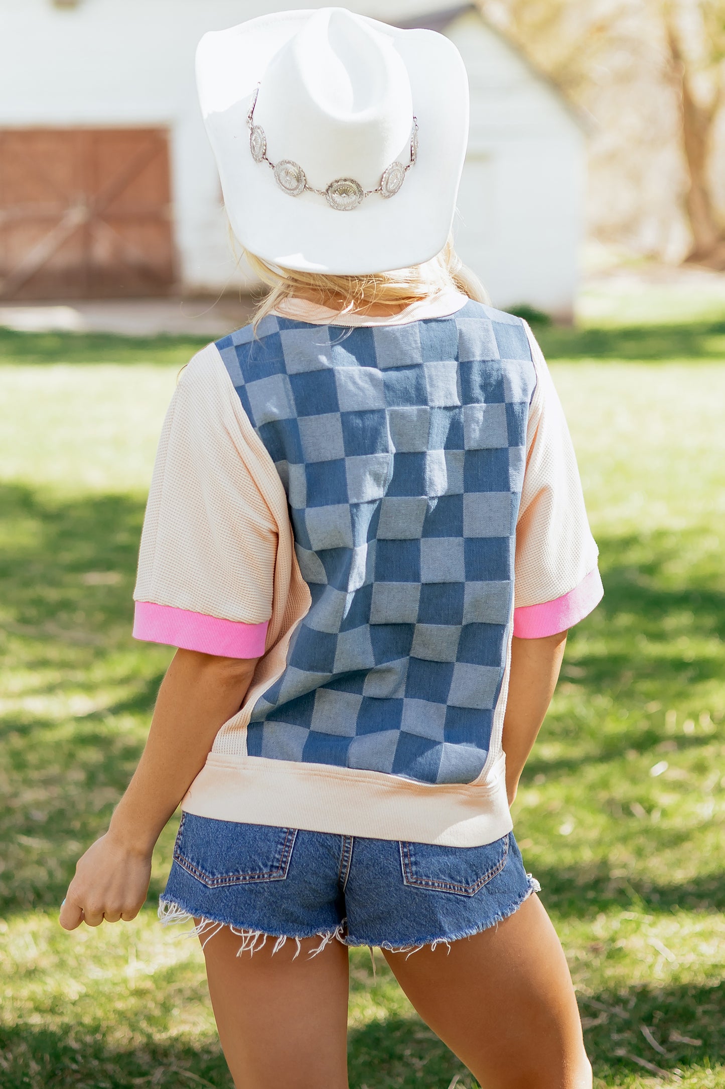 Dusk Blue Checkered Denim Patchwork Short Sleeve Loose Top | S–XL