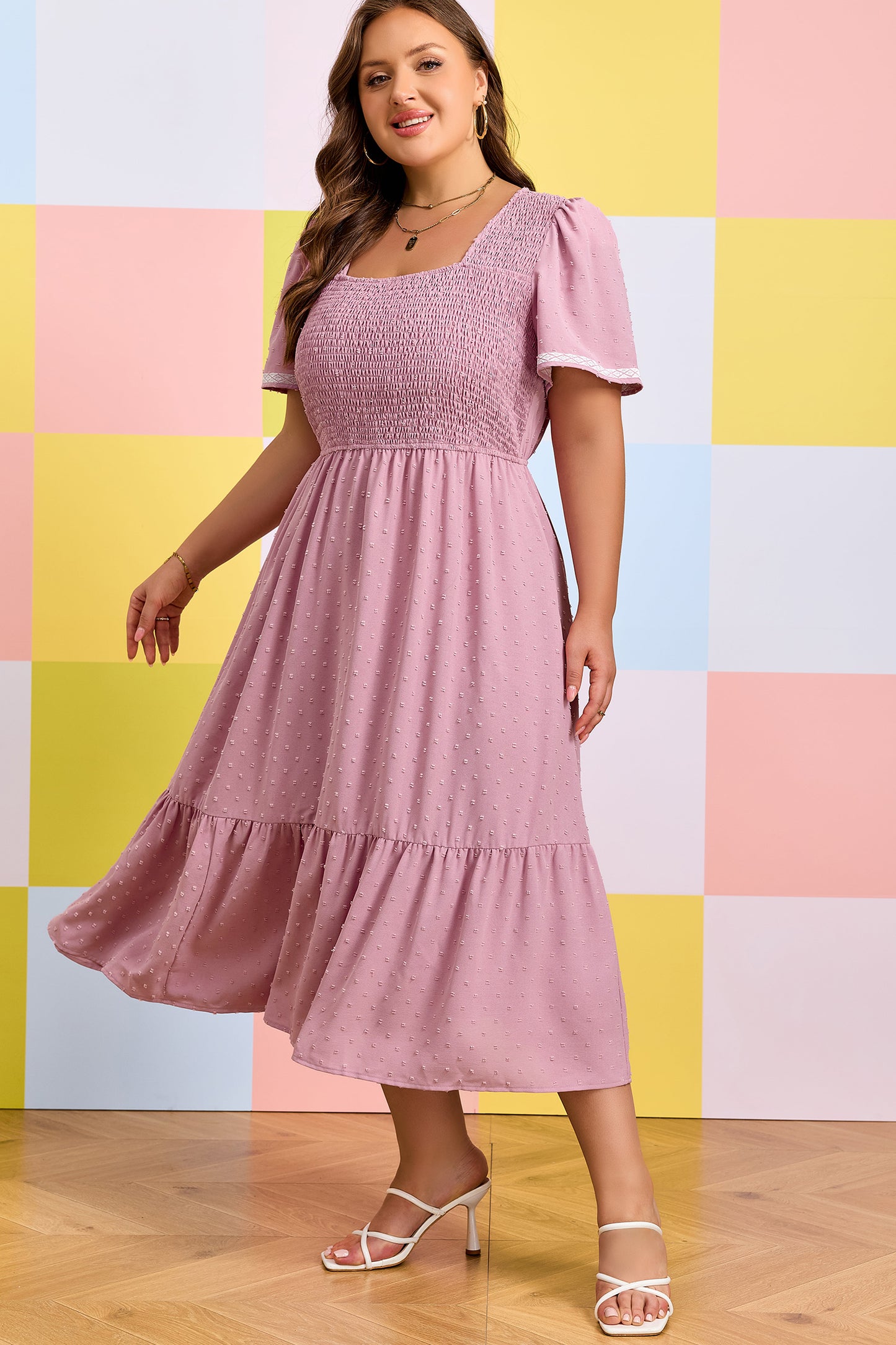 Plus Size Swiss Dot Smocked High Waist Flowy Midi Dress Pink 1X–4X