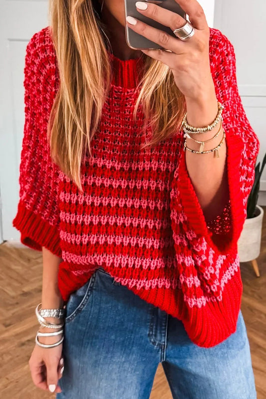 Striped Slouchy Sweater with 3/4 Draped Sleeves | Red Stripe