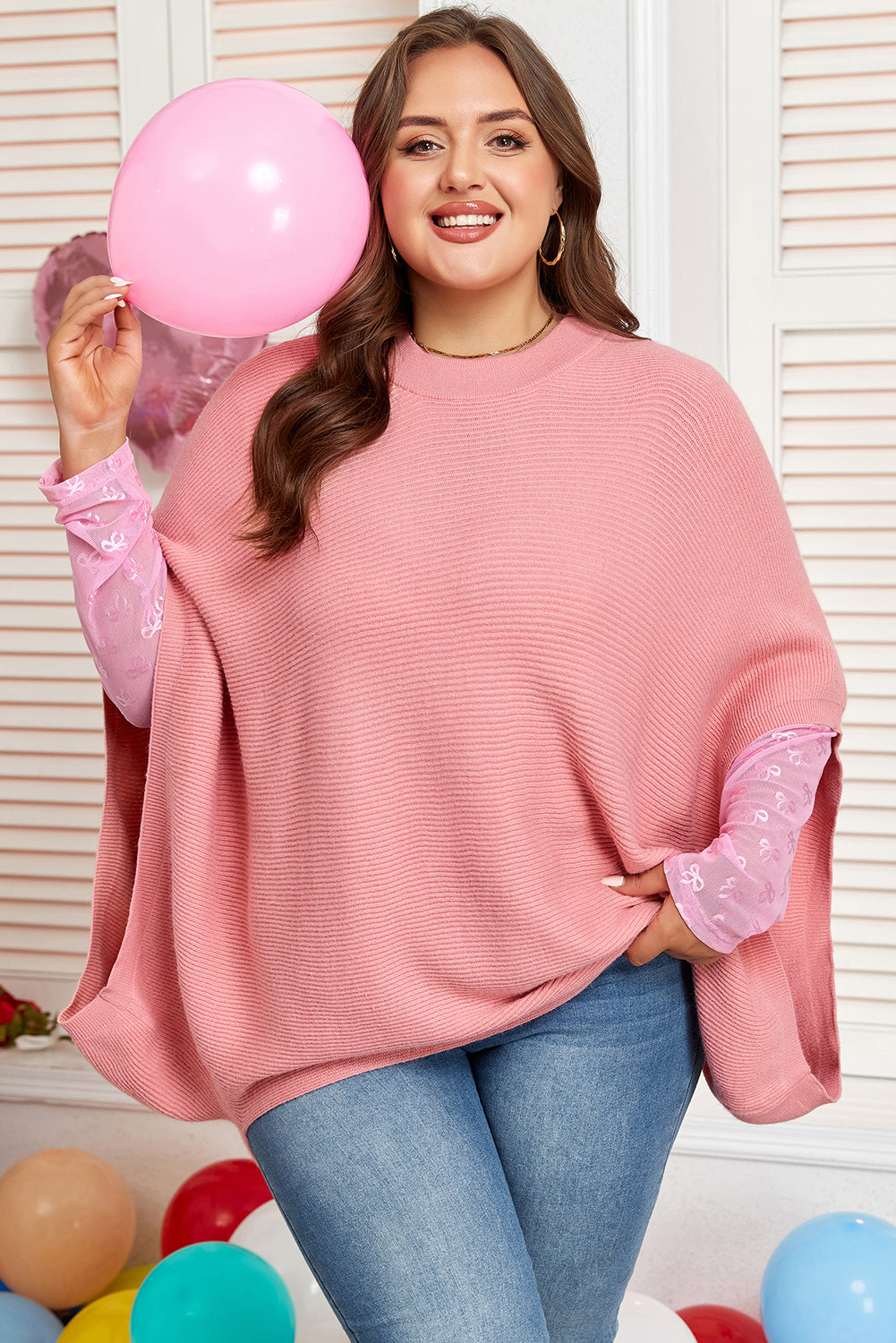 Ribbed Knit Poncho Style Sweater | Plus Size | Light Pink | 1X–4X