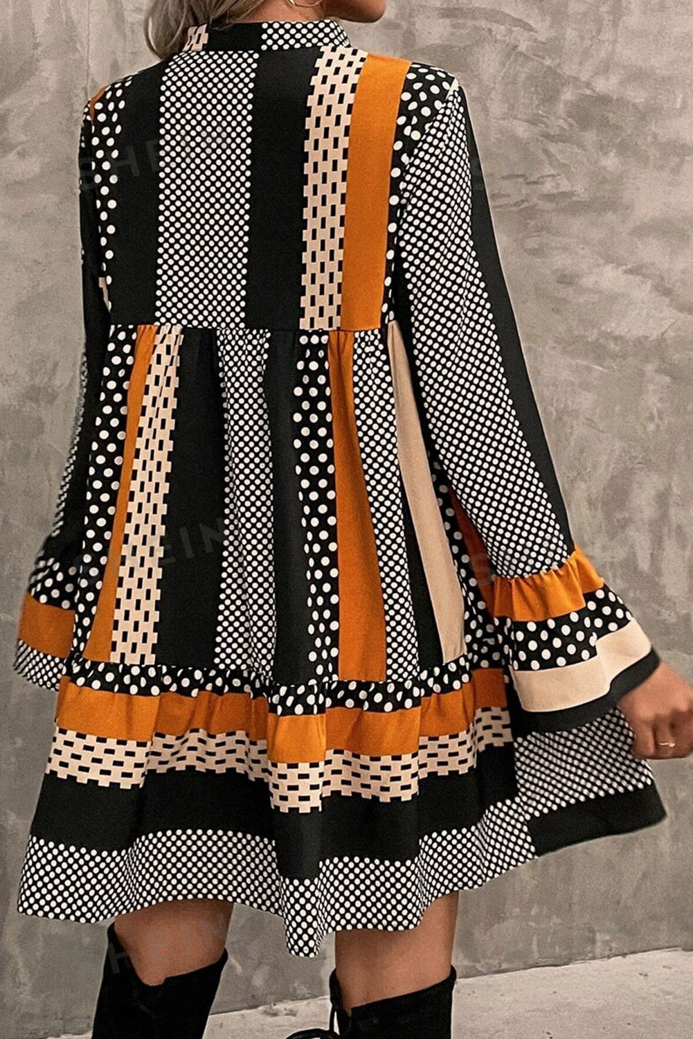 Black Striped Polka Dot Print Ruffled Hem V-Neck Mini Dress
