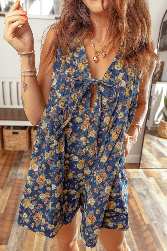 Floral Denim Romper with Bow Tie V-Neck – Women S–XL