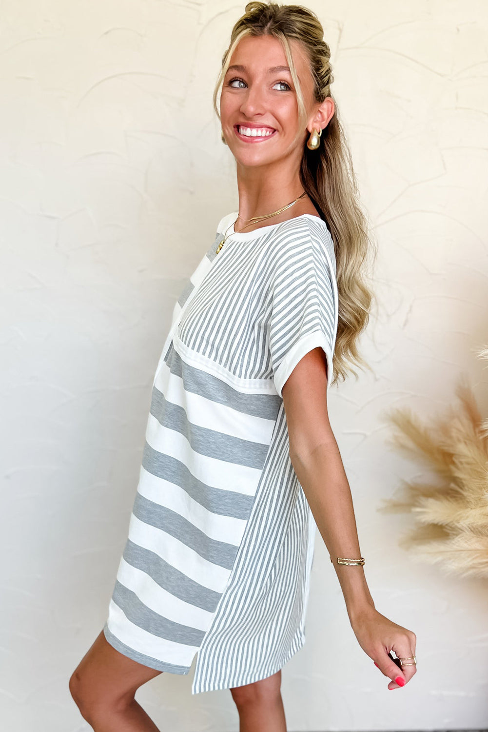 Grey Stripe Mixed Print Short Sleeve Shift Mini Dress | S–XL