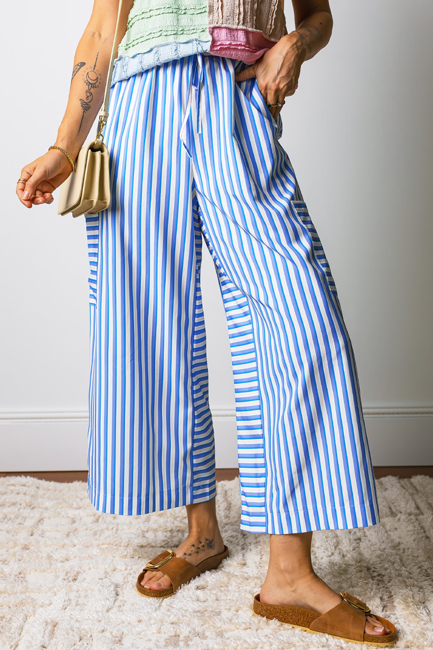 Light Blue Stripe Wide Leg Ankle Pants Women S–XL