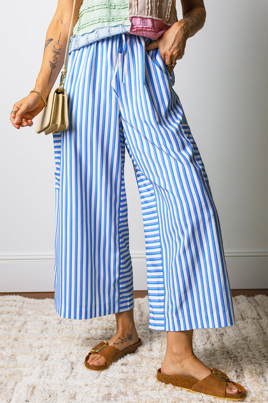 Light Blue Stripe Wide Leg Ankle Pants Women S–XL