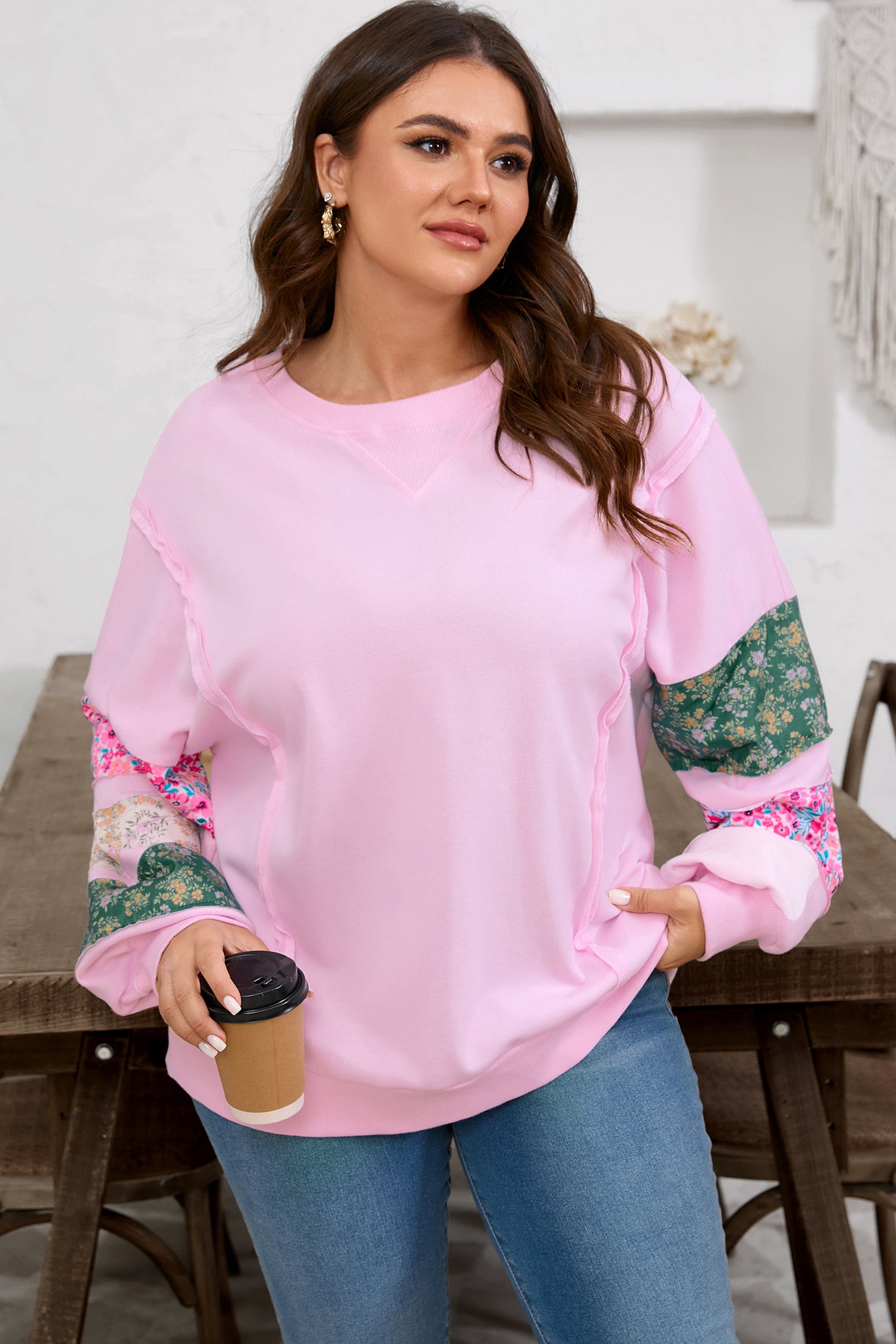 Plus Size Floral Patched Sleeve Ribbed Trim Baggy Sweatshirt