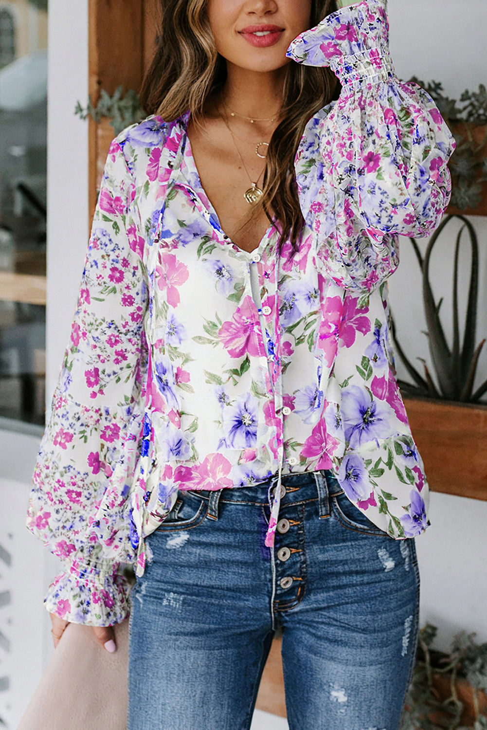 Floral Smocked Sleeve Ruffle Neck Blouse.  S-2x