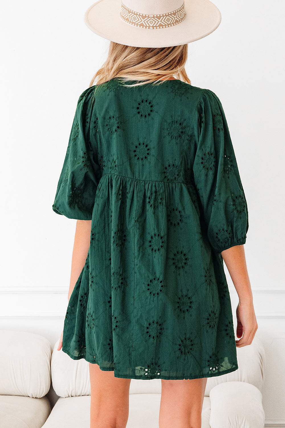 Green Embroidered Eyelet Pattern 3/4 Puffy Sleeve Swing Mini Dress