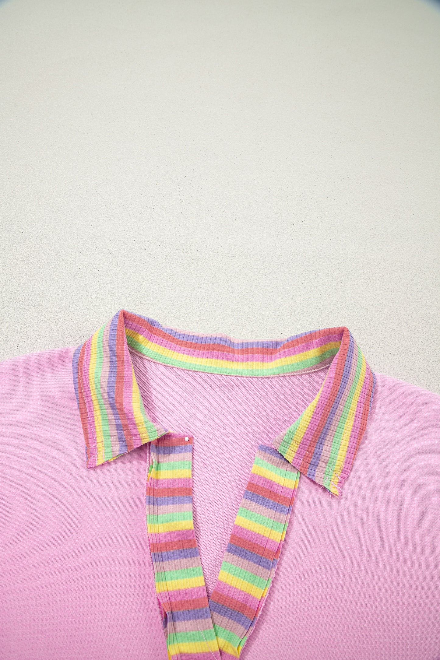 Pink Rainbow Stripe Ribbed Patchwork Raw Seam Oversized Polo Tee