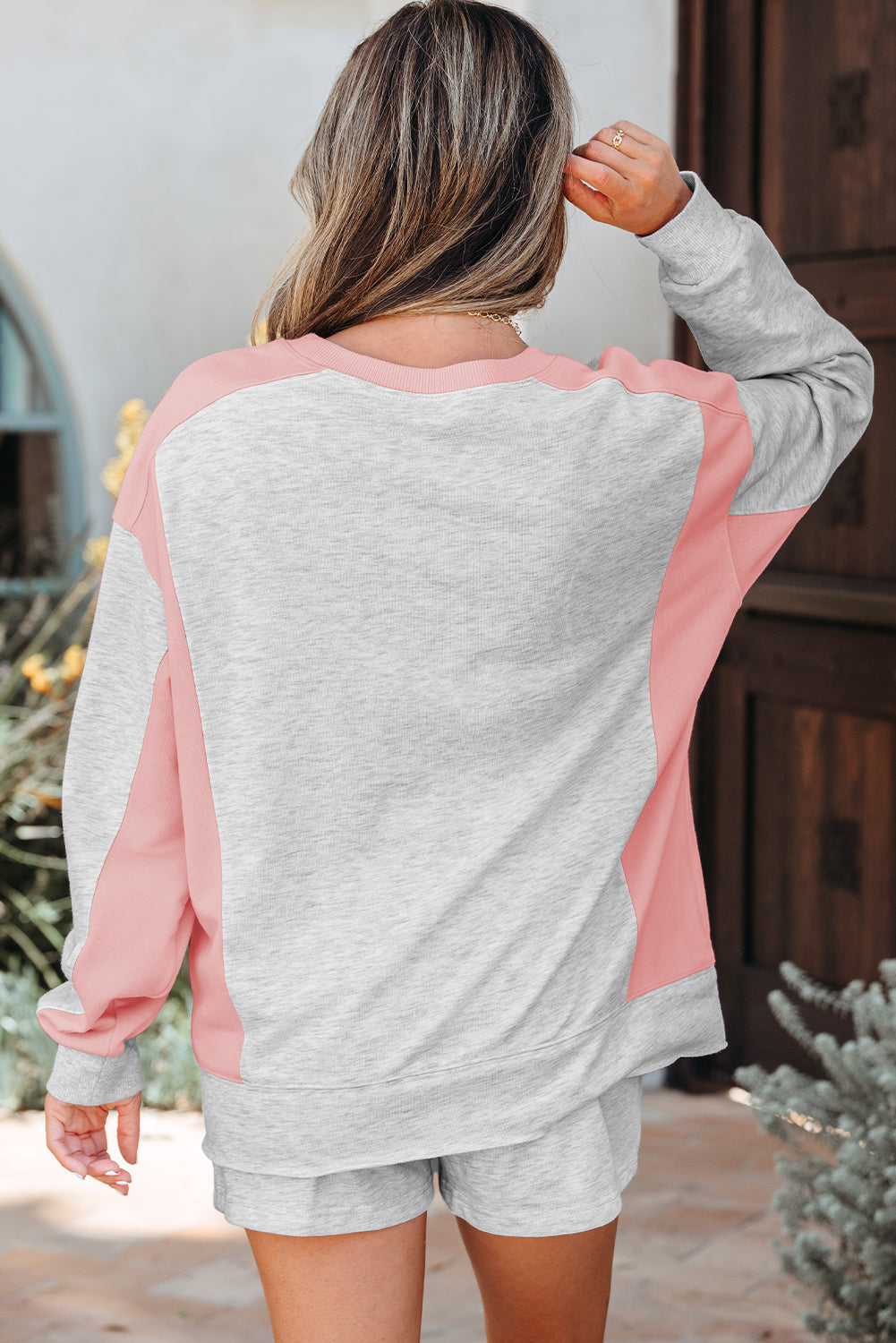 Colorblock Shorts Set Light Grey Pullover Women S–XL