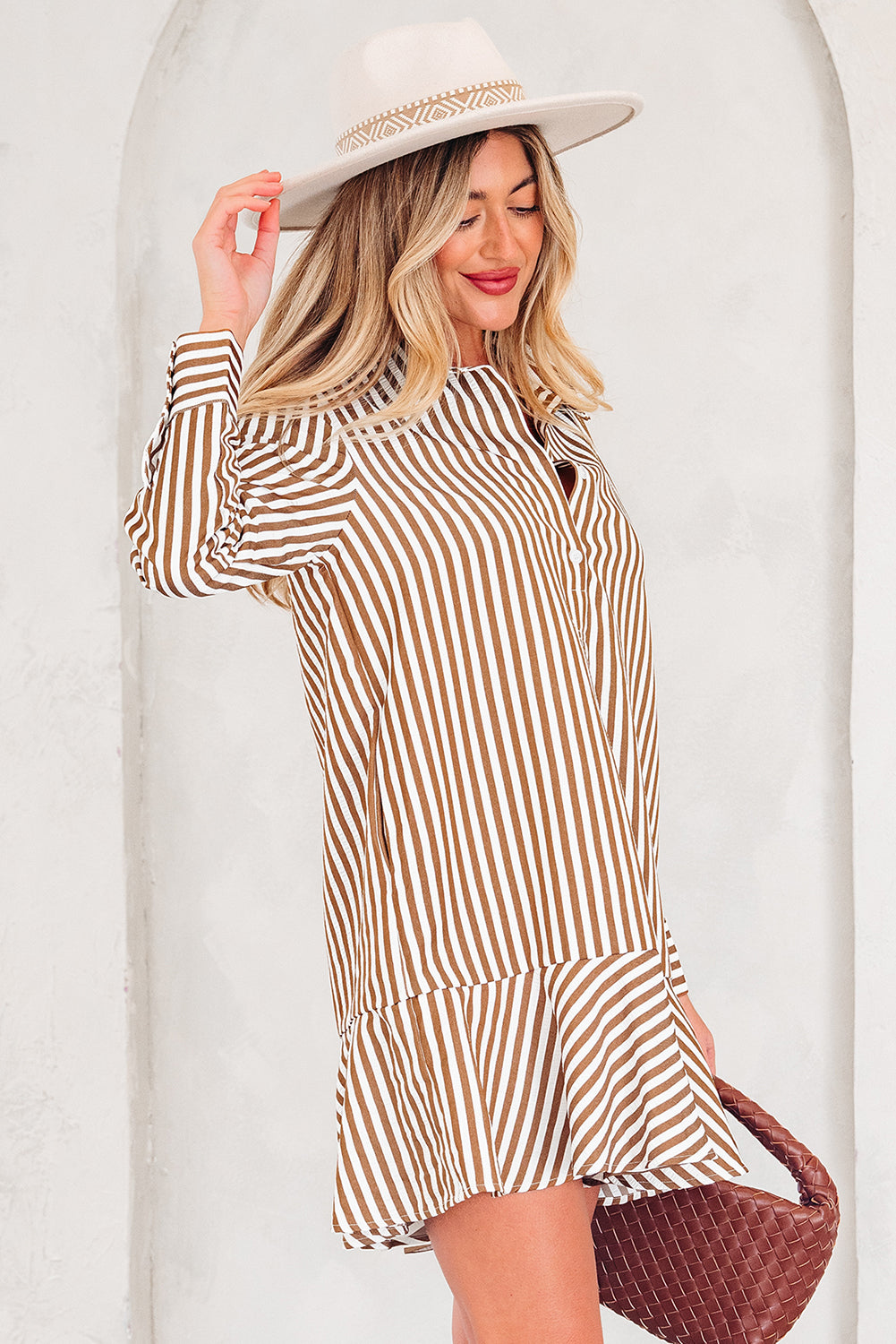 Brown Stripe Shirt Mini Dress Women S–XL
