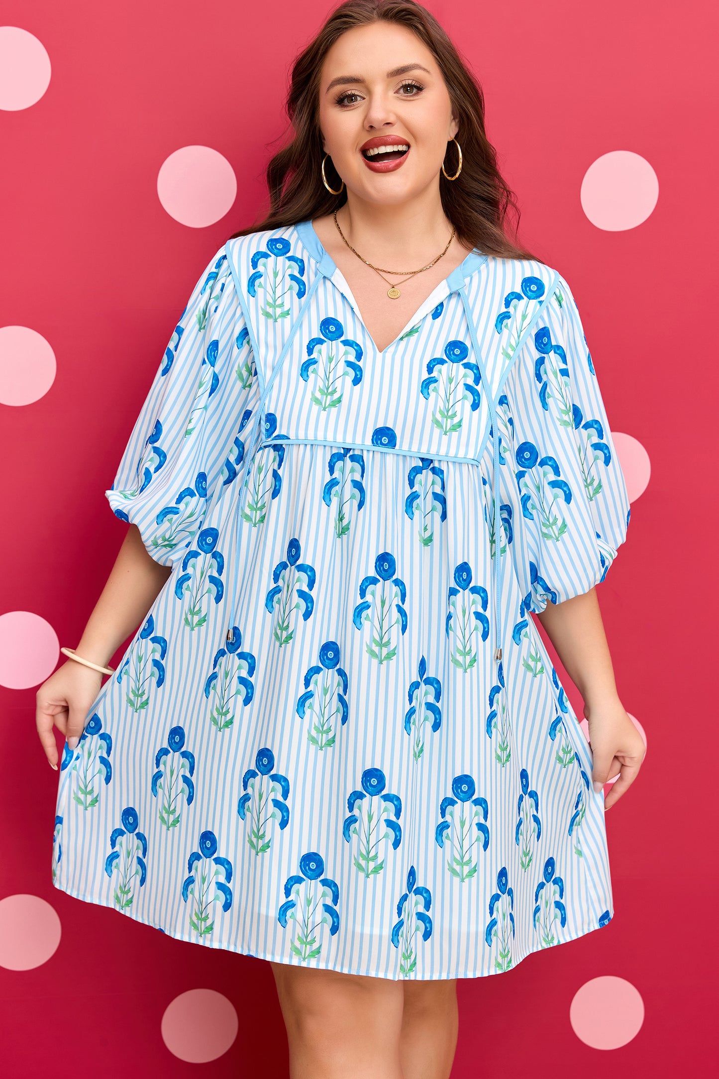 Plus Size Light Blue Floral Bubble Sleeve Dress 1X–4X