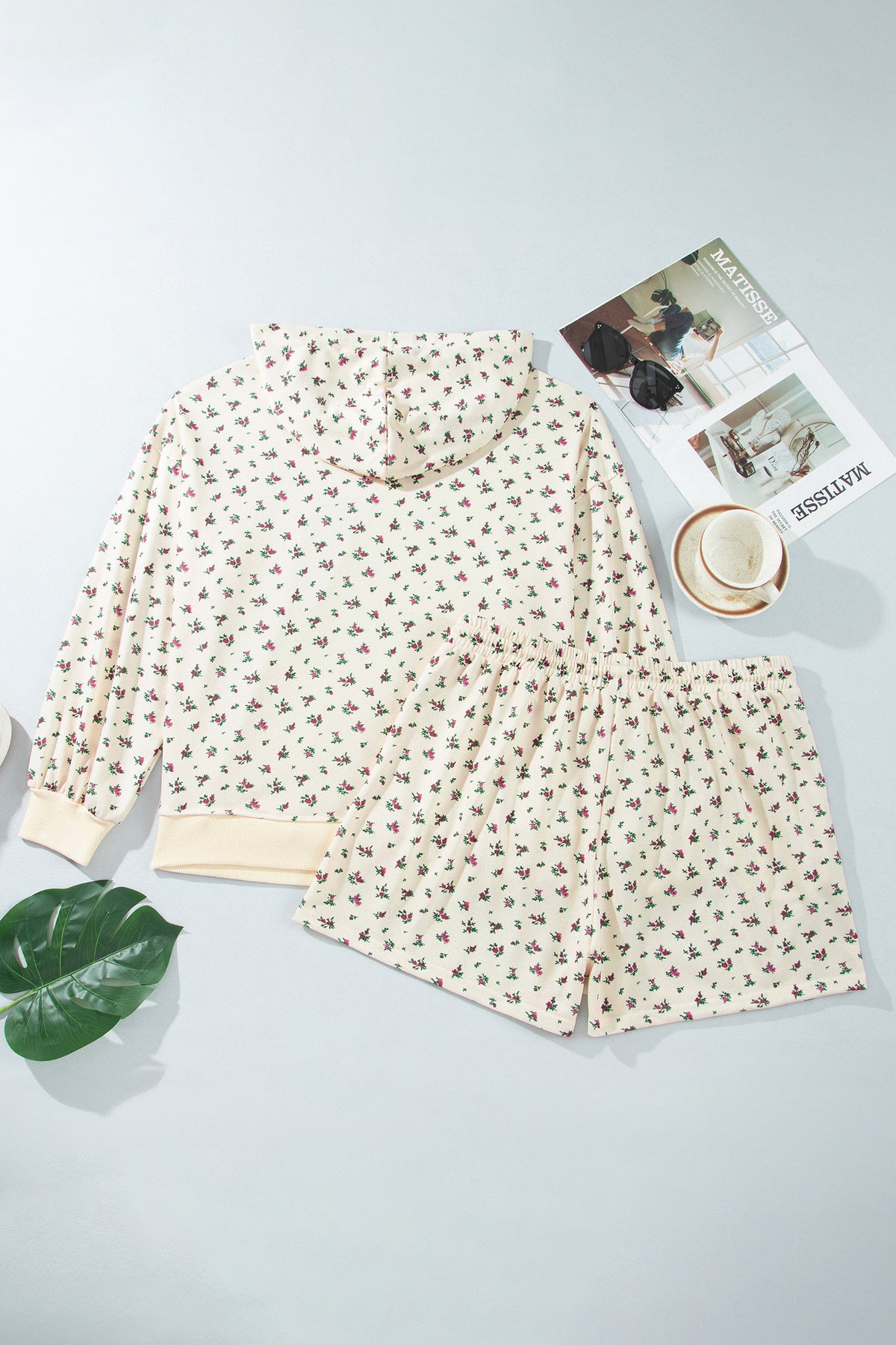 Womens Plus Size Beige Floral Hoodie and Shorts Set 1X to 4X