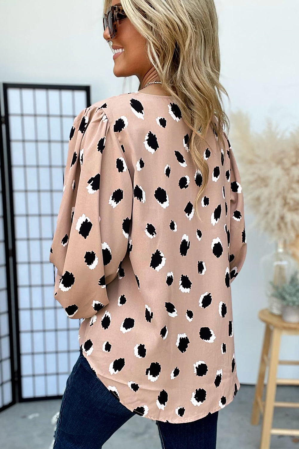 Khaki Classic Leopard Print V-Neck Bracelet Sleeve Blouse – Women's Timeless Animal Print Top (S–XL)