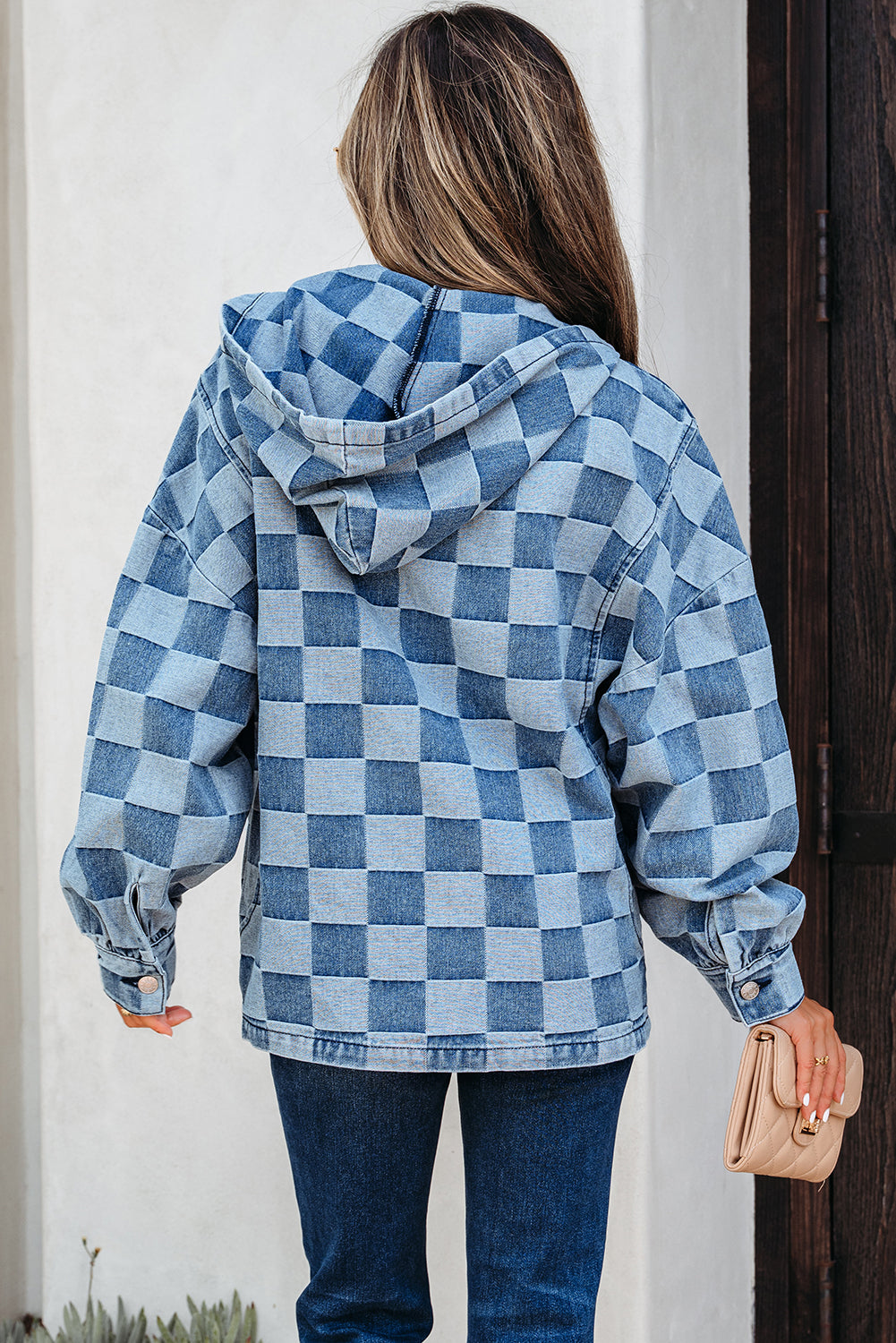 Checkerboard Zip Neck Kangaroo Pocket Denim Hoodie