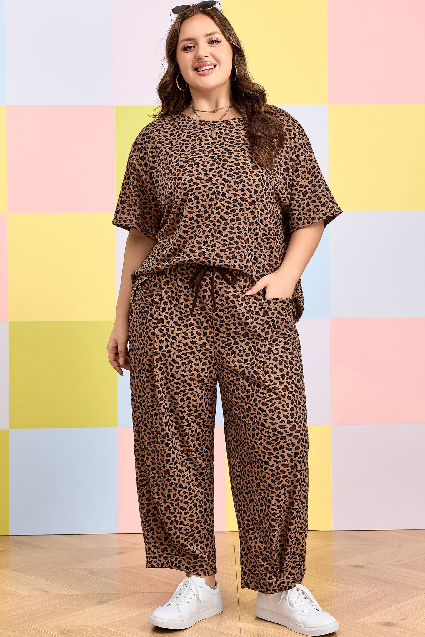 Plus Size Leopard Print Loose Top and Pleated Pants Set Women 1X–4X
