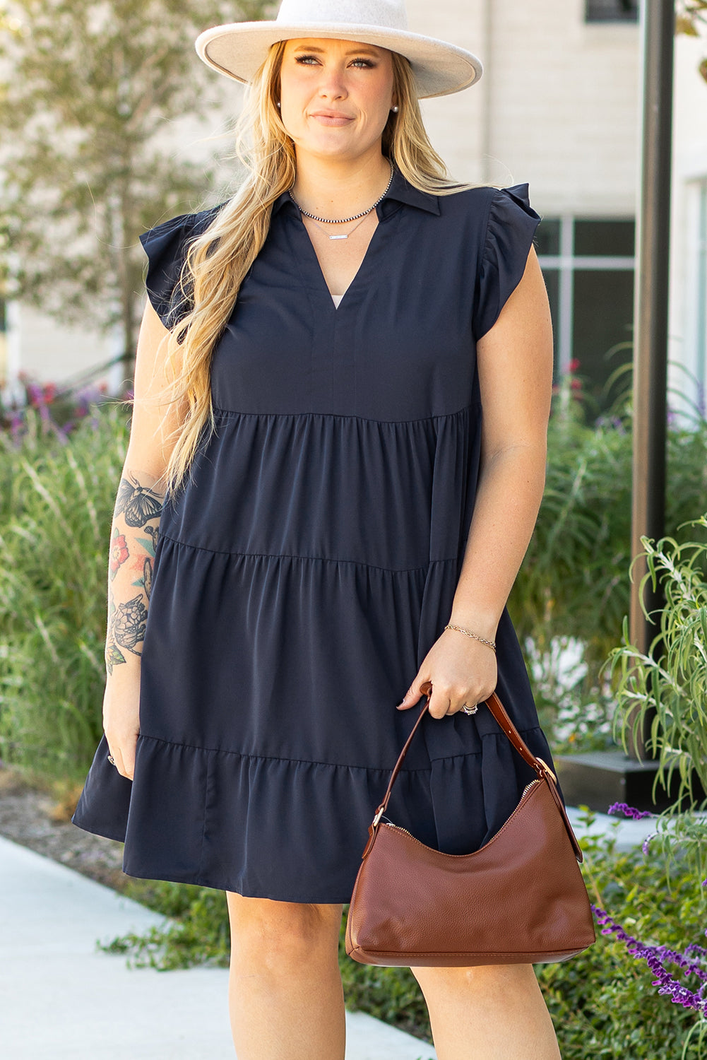 Plus Size Navy Blue Tiered Midi Dress Women 1X–4X