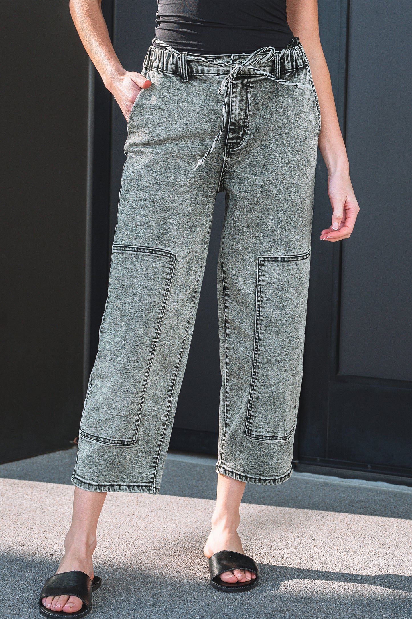 Gray Acid Wash Relaxed Fit Cropped Drawstring Denim Jeans