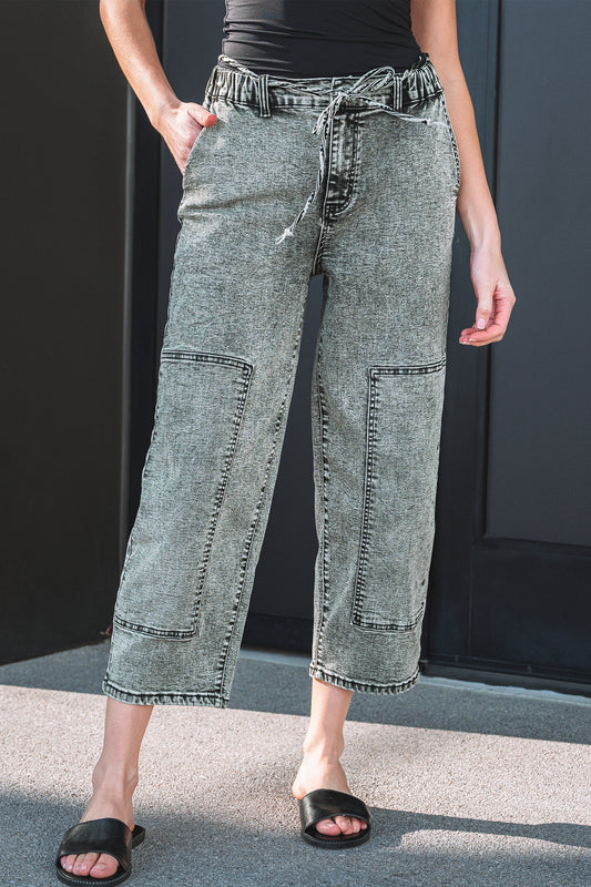 Gray Acid Wash Relaxed Fit Cropped Drawstring Denim Jeans