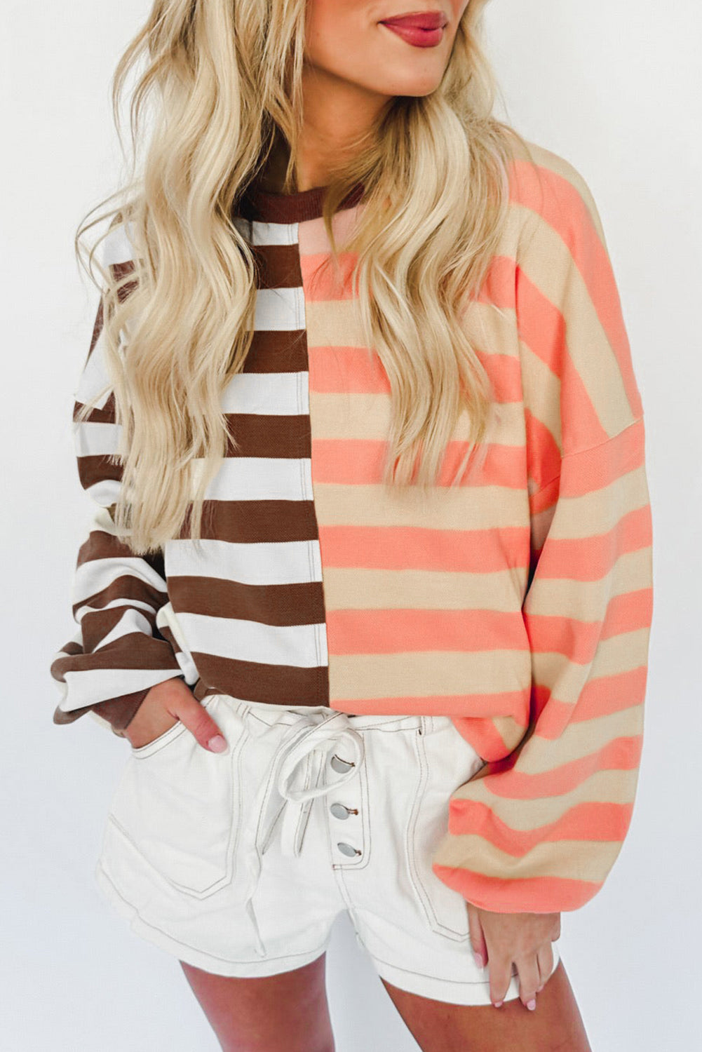 Brown Stripe Colourblock Drop Shoulder Pullover Sweatshirt | S–XL