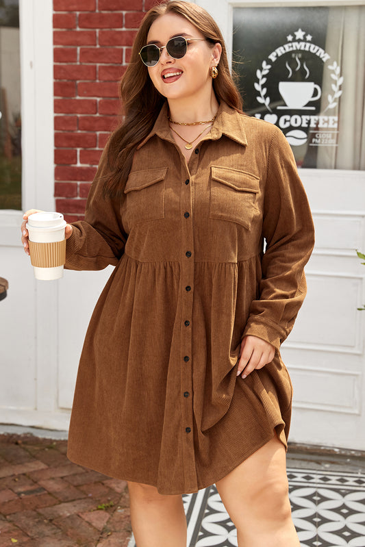 Plus Size Brown Corduroy Peplum Dress Women 1X–4X