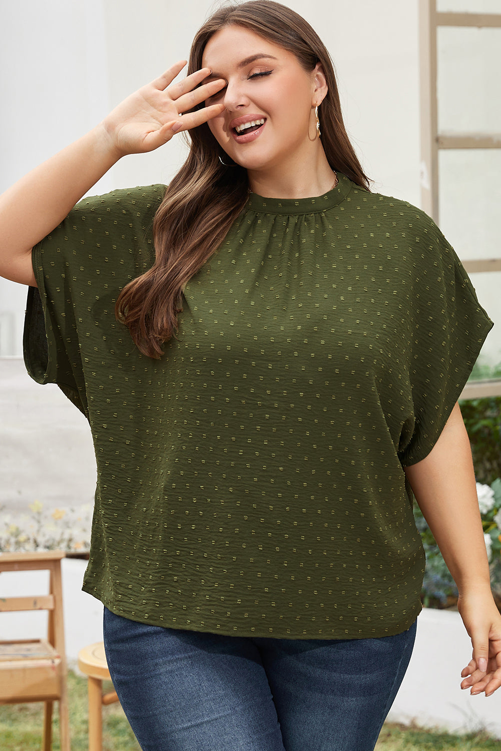 Swiss Dot Mock Neck Tied Nape Top | Plus Size | Moss Green | 1X–3X