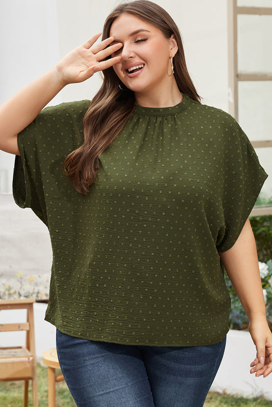 Swiss Dot Mock Neck Tied Nape Top | Plus Size | Moss Green | 1X–3X