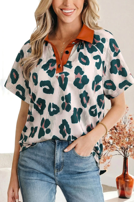 Leopard Print Contrast Collar Button Short Sleeve Blouse | S–XL